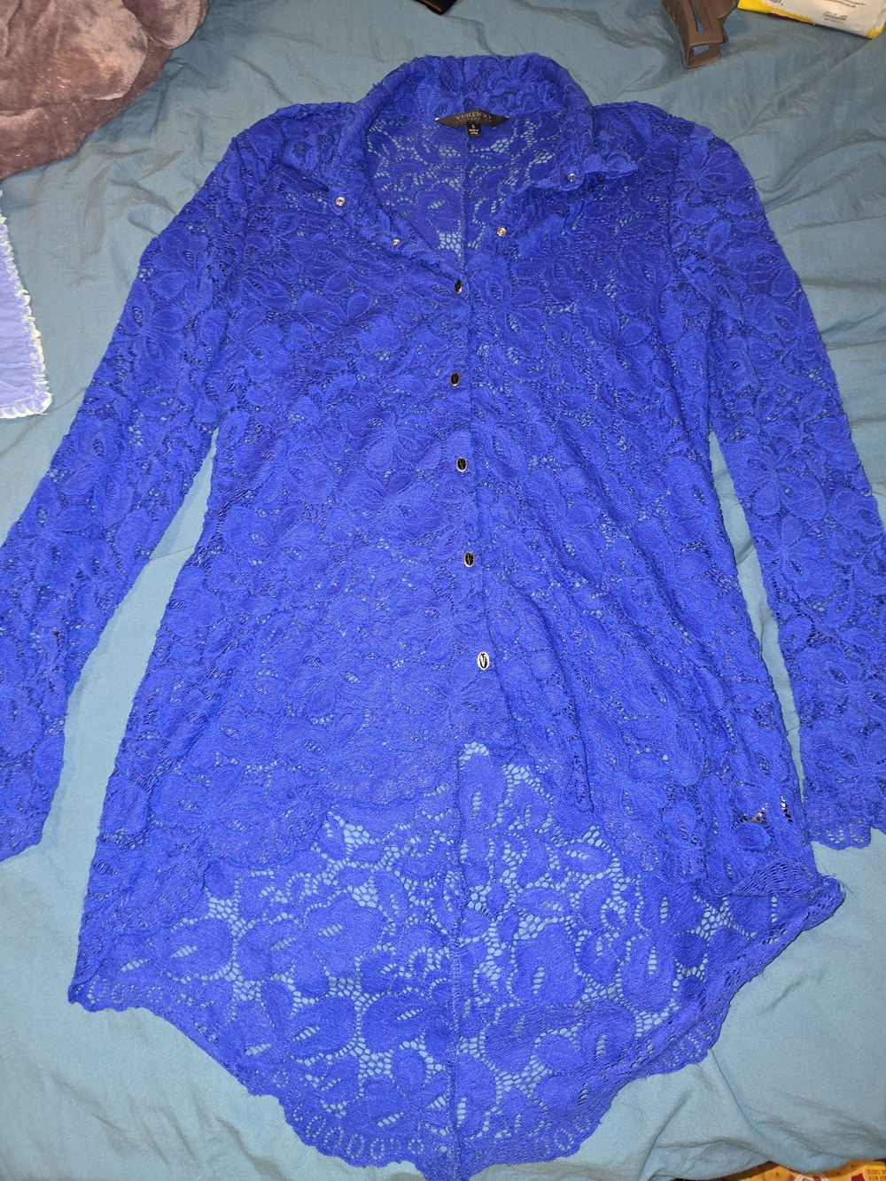 Blue Lace Button-Up Long Sleeve Blouse